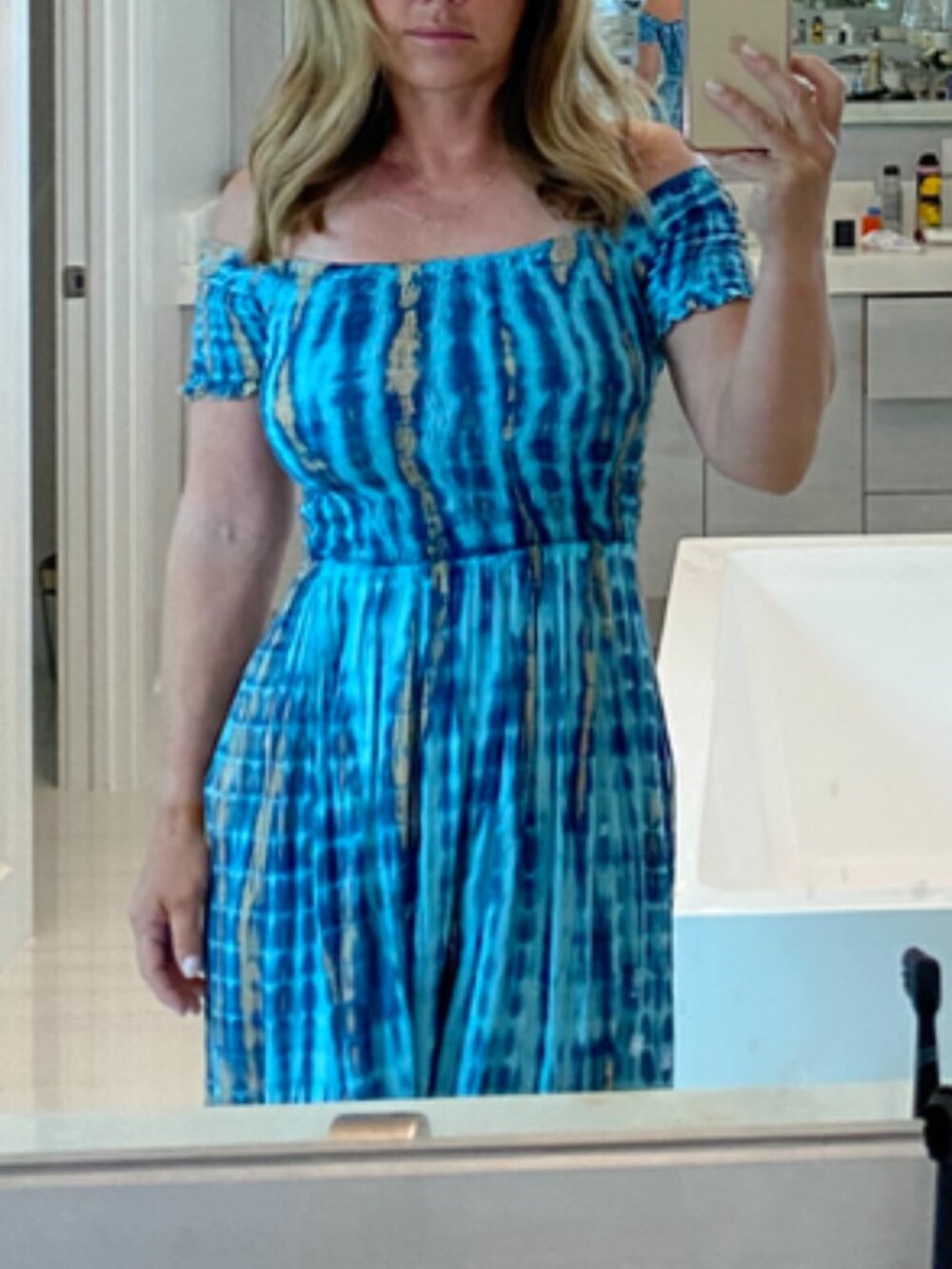 Tiara Hawaii Blue Tie Dye Off the Shoulder Long Stretchy Maxi, 0/S